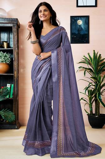 Purple linen zari screen printed zari work work, ceremony, party and festive ready to wear saree with blouse