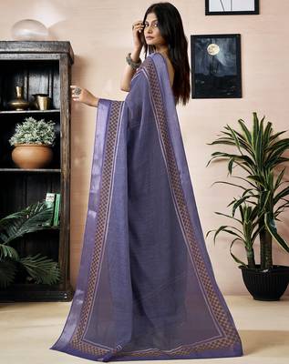 pre draped purple linen zari screen printed zari work work, ceremony, party and festive saree 2