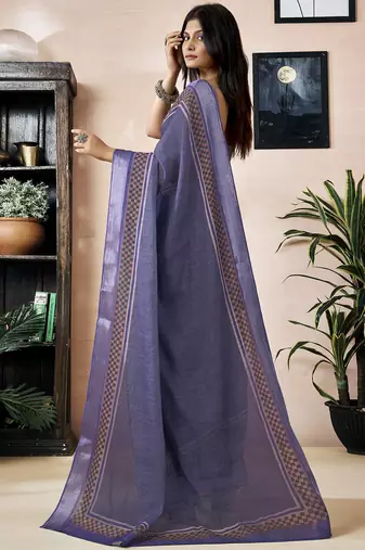 pre draped purple linen zari screen printed zari work work, ceremony, party and festive saree