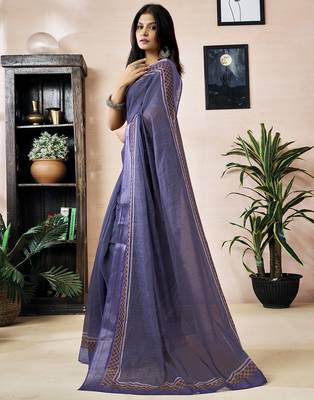 pre draped purple linen zari screen printed zari work work, ceremony, party and festive saree 3