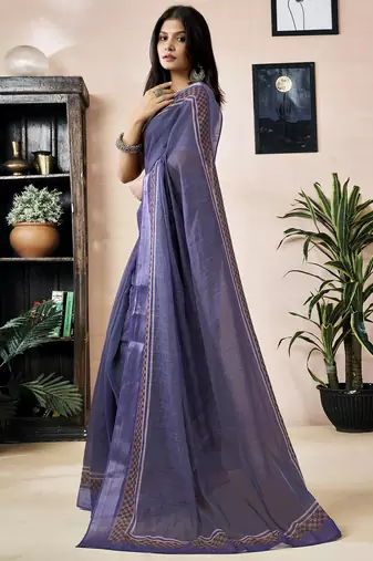 pre draped purple linen zari screen printed zari work work, ceremony, party and festive saree