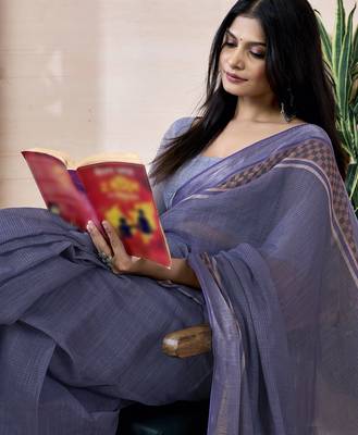 pre draped purple linen zari screen printed zari work work, ceremony, party and festive saree 4