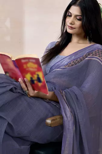 pre draped purple linen zari screen printed zari work work, ceremony, party and festive saree