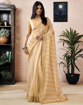 ready made yellow linen zari screen printed zari work work, ceremony, party and festive saree 1