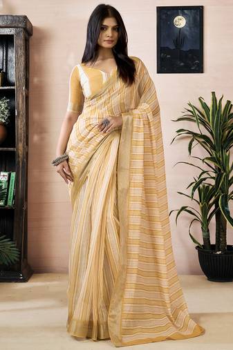 Yellow linen zari screen printed zari work work, ceremony, party and festive ready to wear saree with blouse