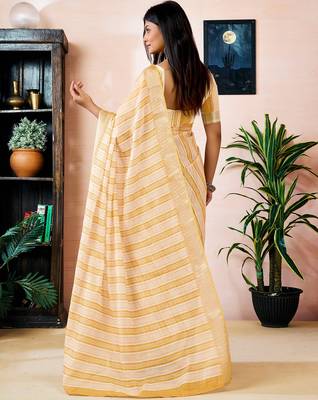 ready made yellow linen zari screen printed zari work work, ceremony, party and festive saree 2