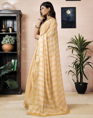 ready made yellow linen zari screen printed zari work work, ceremony, party and festive saree 3