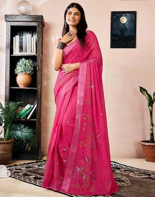 pre-stitched pink linen zari screen printed zari work work, ceremony, party and festive saree 1