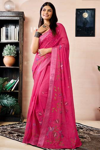 Pink linen zari screen printed zari work work, ceremony, party and festive ready to wear saree with blouse