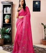 ready to wear pink linen zari screen printed zari work work, ceremony, party and festive saree with blouse