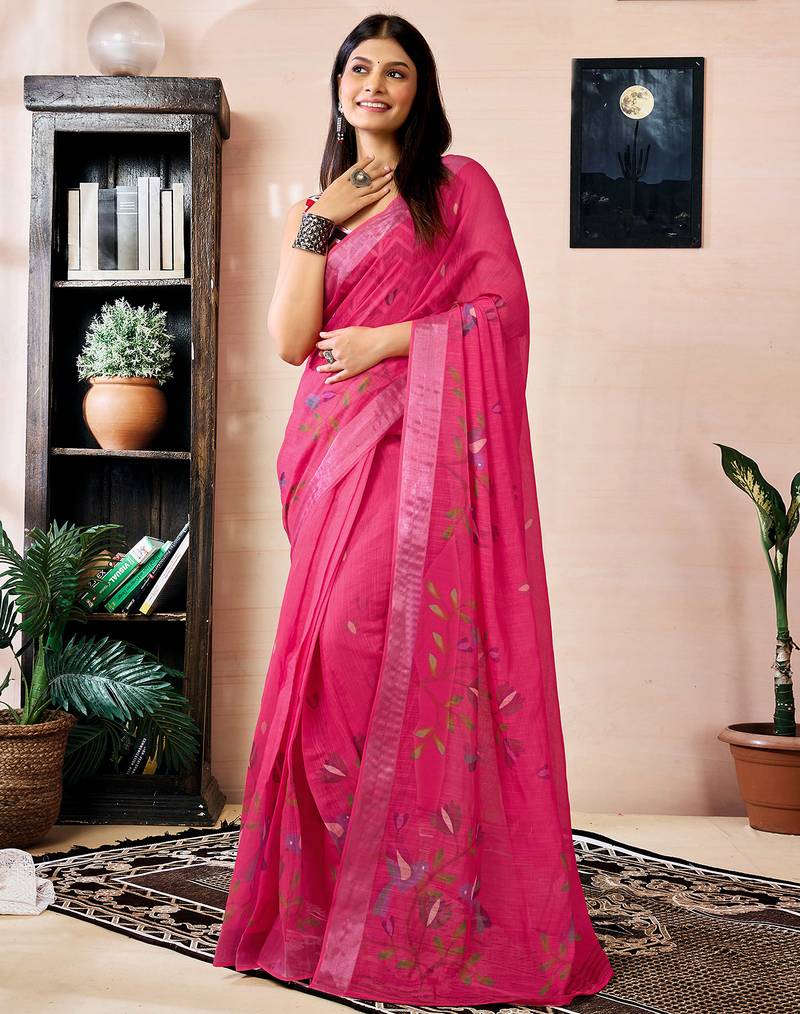 Pink linen zari screen printed zari work work, ceremony, party and festive ready to wear saree with blouse