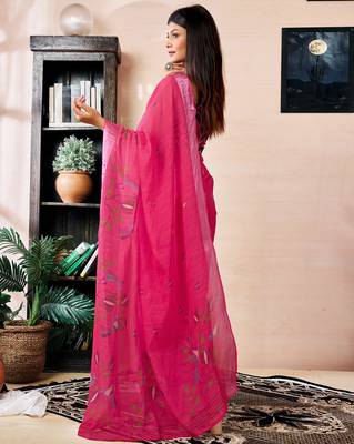 pre-stitched pink linen zari screen printed zari work work, ceremony, party and festive saree 2