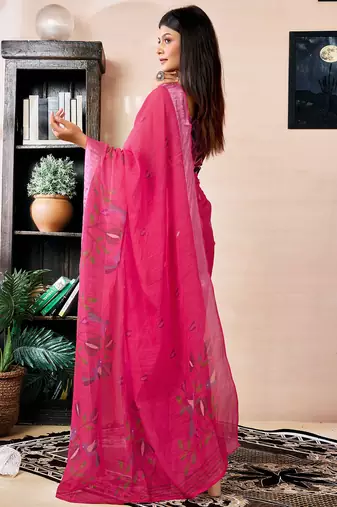pre-stitched pink linen zari screen printed zari work work, ceremony, party and festive saree