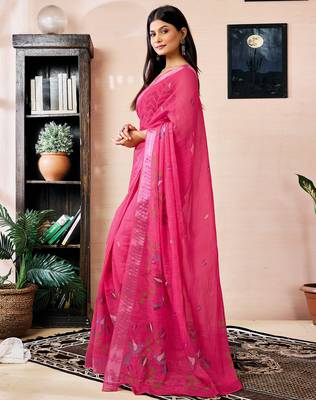 pre-stitched pink linen zari screen printed zari work work, ceremony, party and festive saree 3