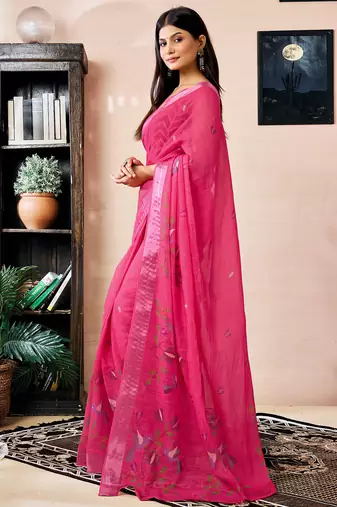 pre-stitched pink linen zari screen printed zari work work, ceremony, party and festive saree