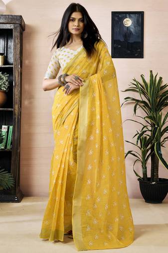 Yellow linen zari screen printed zari work work, ceremony, party and festive ready to wear saree with blouse