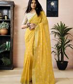 ready to wear yellow linen zari screen printed zari work work, ceremony, party and festive saree with blouse