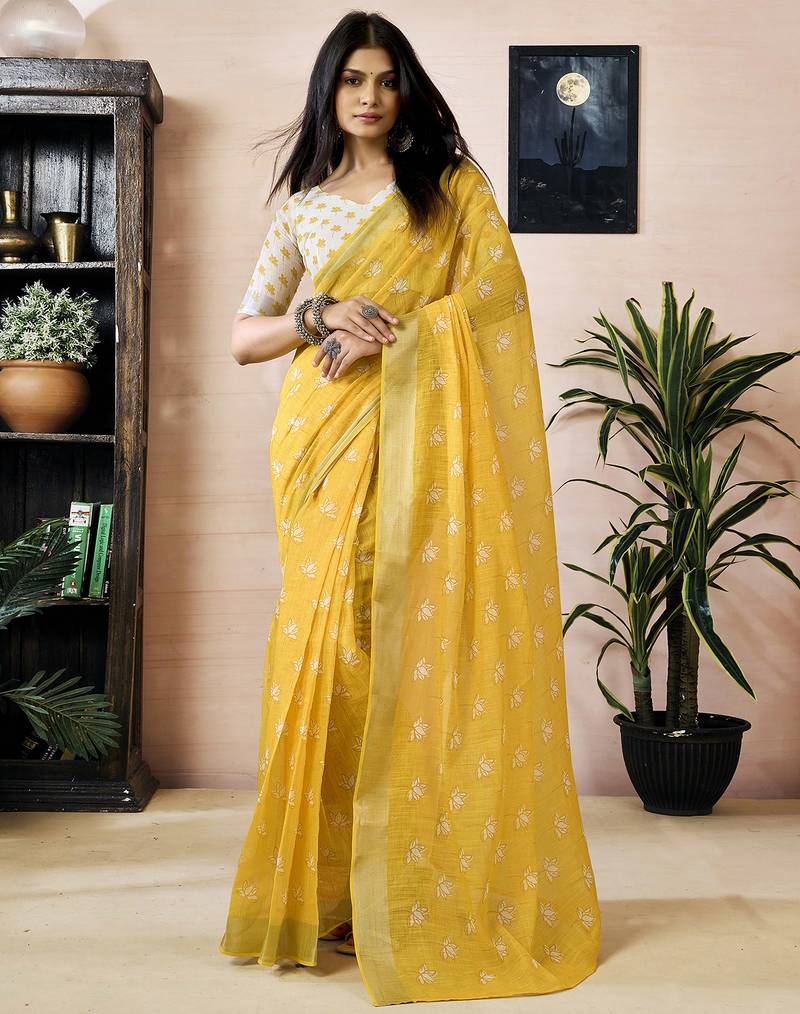 Yellow linen zari screen printed zari work work, ceremony, party and festive ready to wear saree with blouse