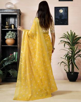 ready to wear yellow linen zari screen printed zari work work, ceremony, party and festive saree 2