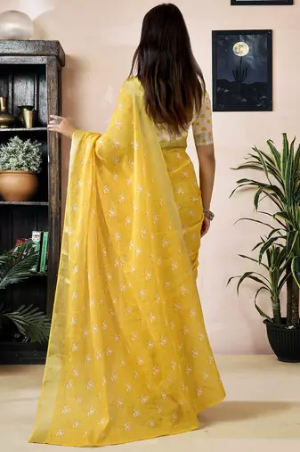 ready to wear yellow linen zari screen printed zari work work, ceremony, party and festive saree