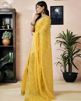 ready to wear yellow linen zari screen printed zari work work, ceremony, party and festive saree 3