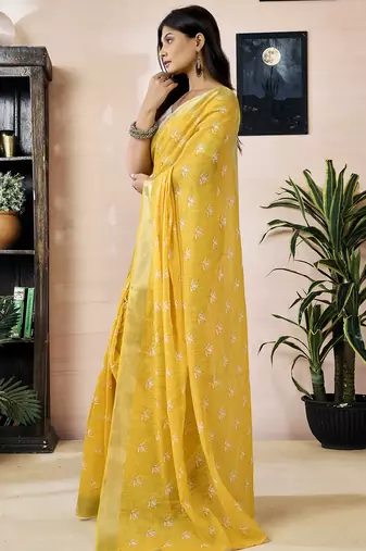 ready to wear yellow linen zari screen printed zari work work, ceremony, party and festive saree
