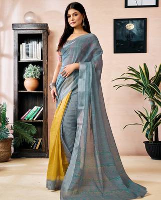 pre draped yellow and grey linen zari screen printed zari work work, ceremony, party and festive saree 1