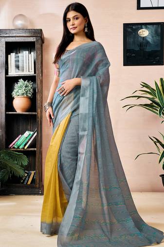 Yellow and grey linen zari screen printed zari work work, ceremony, party and festive ready to wear saree with blouse