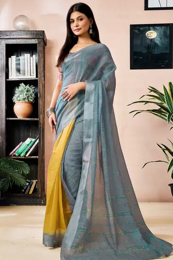 Yellow and grey linen zari screen printed zari work work, ceremony, party and festive ready to wear saree with blouse