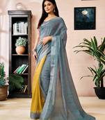 ready to wear yellow and grey linen zari screen printed zari work work, ceremony, party and festive saree with blouse