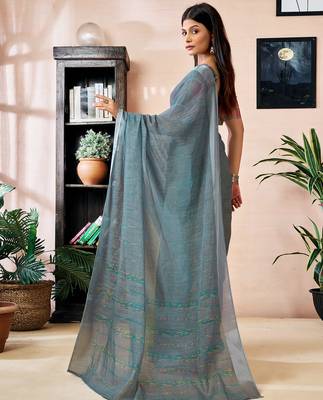 pre draped yellow and grey linen zari screen printed zari work work, ceremony, party and festive saree 2