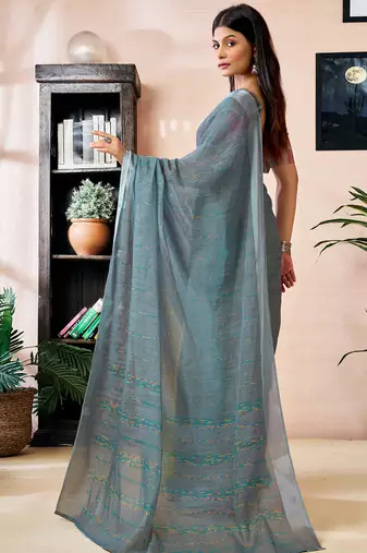pre draped yellow and grey linen zari screen printed zari work work, ceremony, party and festive saree
