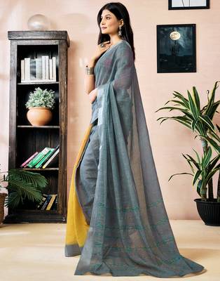 pre draped yellow and grey linen zari screen printed zari work work, ceremony, party and festive saree 3