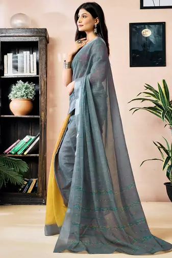 pre draped yellow and grey linen zari screen printed zari work work, ceremony, party and festive saree