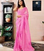 ready to wear pink chanderi cotton screen printed work, ceremony, party and festive saree with blouse