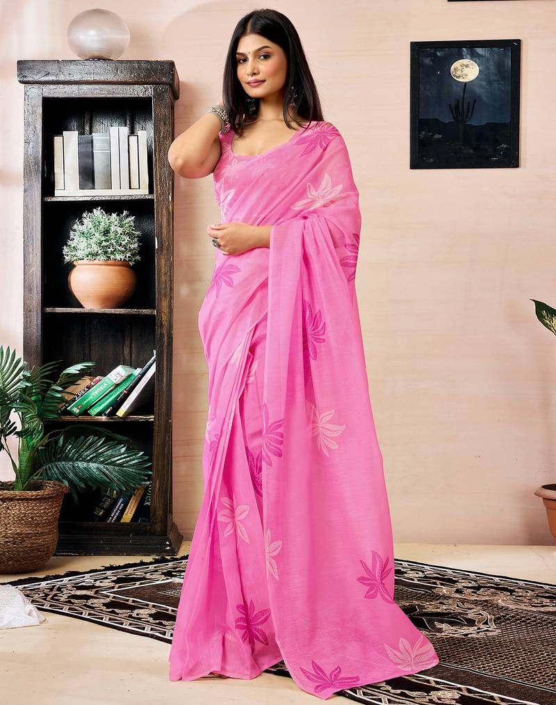 Pink chanderi cotton screen printed work, ceremony, party and festive ready to wear saree with blouse