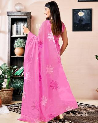 ready made pink chanderi cotton screen printed work, ceremony, party and festive saree 2