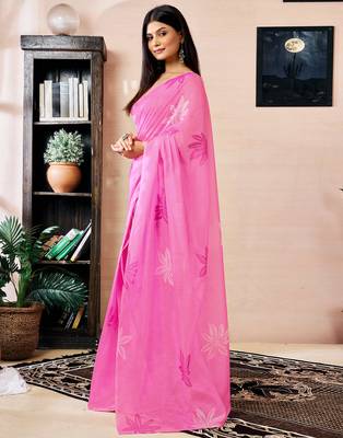 ready made pink chanderi cotton screen printed work, ceremony, party and festive saree 3
