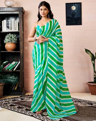 pre-stitched green and white chanderi cotton screen printed work, ceremony, party and festive saree 1