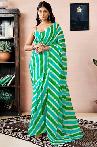 Green and white chanderi cotton screen printed work, ceremony, party and festive ready to wear saree with blouse