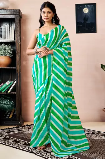 Green and white chanderi cotton screen printed work, ceremony, party and festive ready to wear saree with blouse