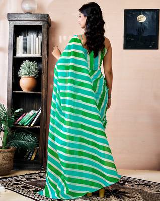 pre-stitched green and white chanderi cotton screen printed work, ceremony, party and festive saree 2