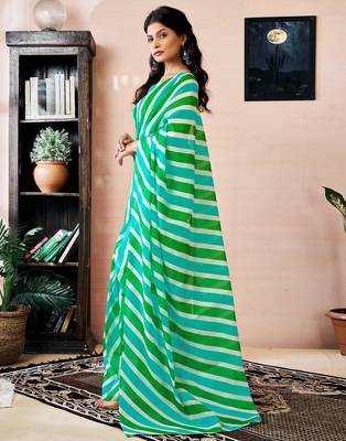pre-stitched green and white chanderi cotton screen printed work, ceremony, party and festive saree 3