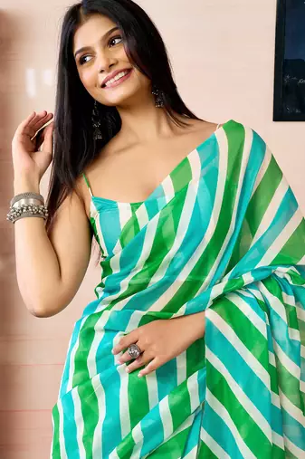 pre-stitched green and white chanderi cotton screen printed work, ceremony, party and festive saree