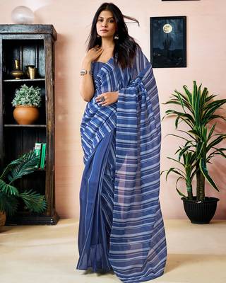 ready to wear blue chanderi cotton screen printed work, ceremony, party and festive saree 1
