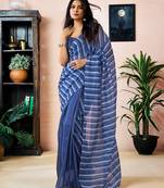 ready to wear blue chanderi cotton screen printed work, ceremony, party and festive saree with blouse
