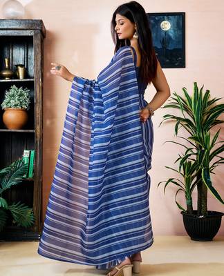 ready to wear blue chanderi cotton screen printed work, ceremony, party and festive saree 2