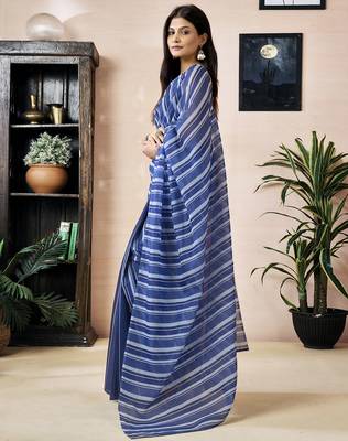 ready to wear blue chanderi cotton screen printed work, ceremony, party and festive saree 3