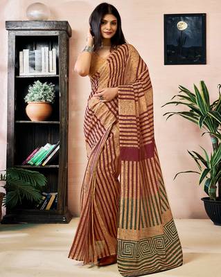 pre draped brown chanderi cotton screen printed work, ceremony, party and festive saree 1