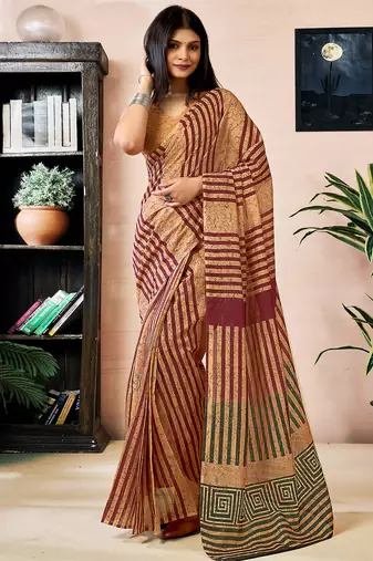 Brown chanderi cotton screen printed work, ceremony, party and festive ready to wear saree with blouse